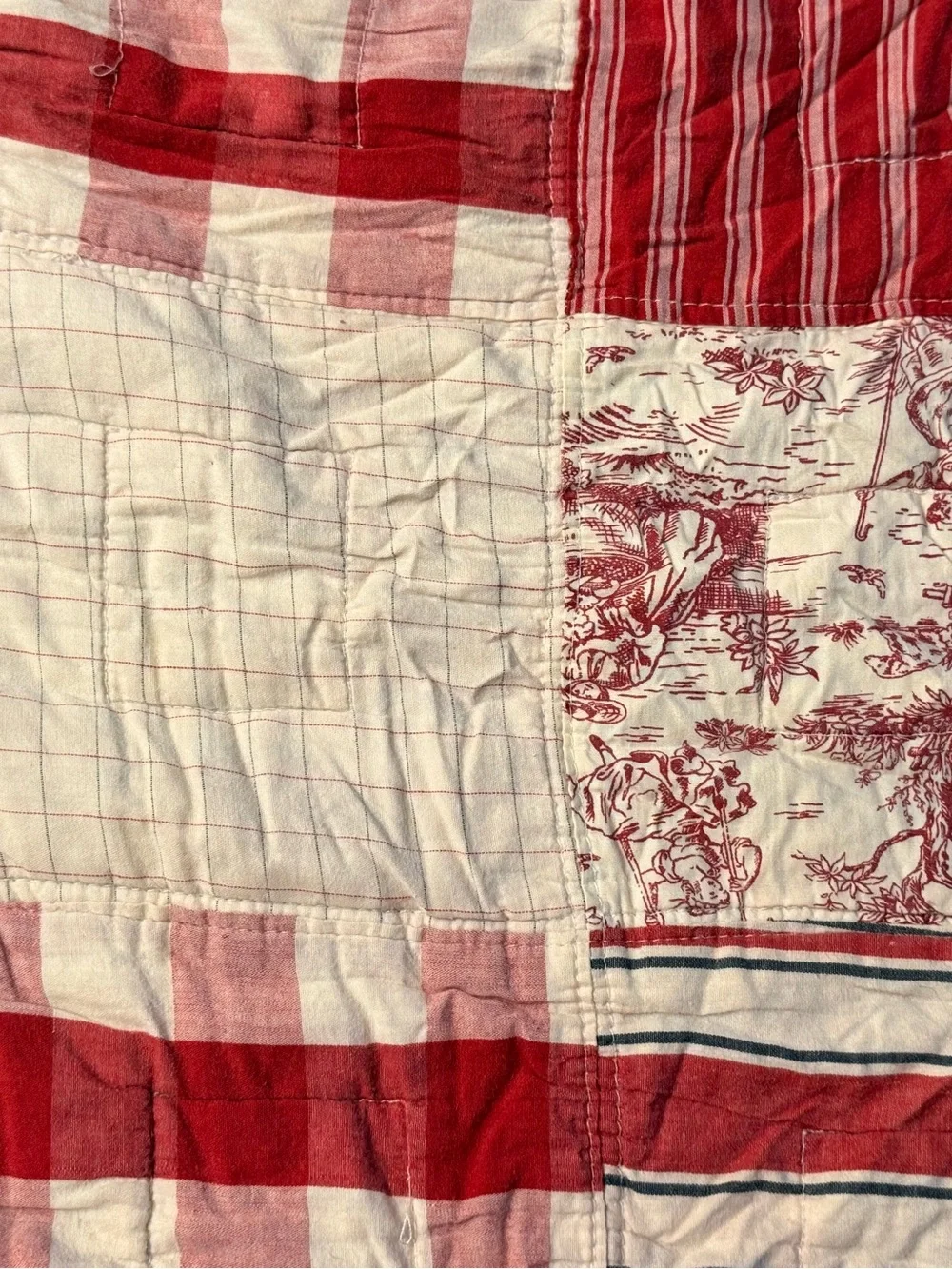 Vintage Red Patchwork Cutter Quilt Checks Toile Stripes 46 x 84